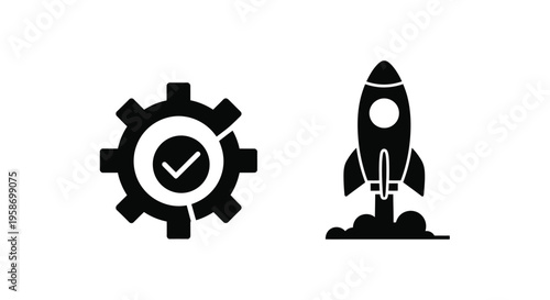 Gear and rocket icon set representing progress and innovation