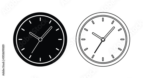 Two analog clocks depicted in contrasting black and white styles