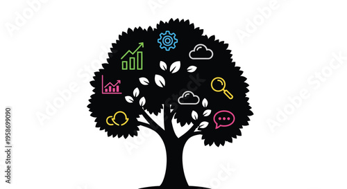 A stylized black tree with colorful icons representing growth and technology