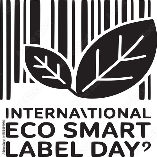 International eco smart label day logo featuring barcode and leaves in black and white graphic design