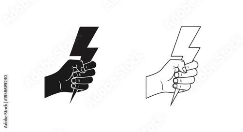 Two hands each holding a stylized lightning bolt illustration
