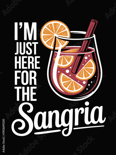 A vibrant design features a glass of sangria with orange slices and a cinnamon stick. Playful text accompanies the colorful illustration.