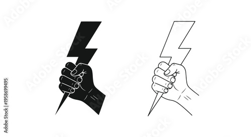 Two hands gripping lightning bolts one solid black and one outlined