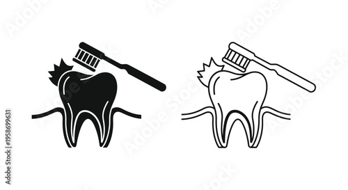 Dental health illustration featuring a tooth and toothbrush set in black and white