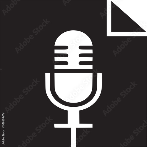 A black and white icon of a microphone on a document with a folded corner in a square format