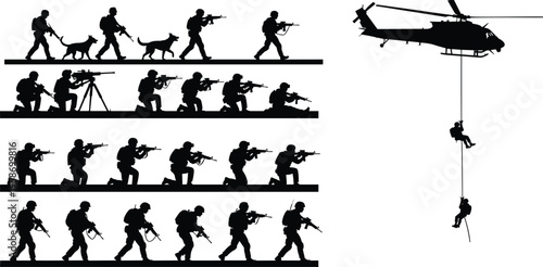 Military soldiers silhouettes in action, tactical combat positions, army teamwork, helicopter rappelling, war operations, defense training, battlefield strategy illustration