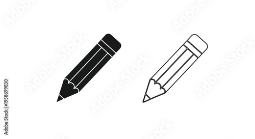 Two pencils depicted in contrasting black and white line art styles