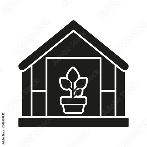 Greenhouse With Potted Plant Solid Icon. Indoor Gardening, Plant Cultivation, And Horticulture Silhouette Symbol. Sustainable Agriculture. Isolated Vector Illustration