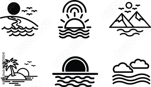 black and white icons of landscapes and nature scenes