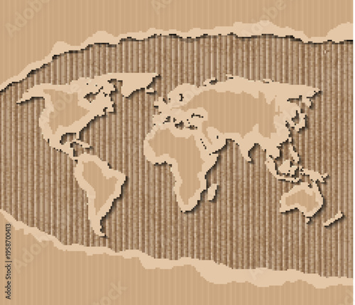 Brown corrugated torn packaging cardboard with a cut-out world map. Vector illustration in 3D style