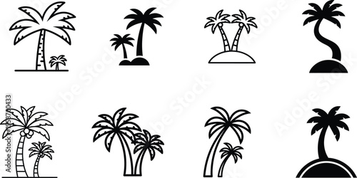 black silhouettes of various palm trees on white background