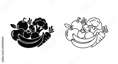 Black and white illustration of fruits and vegetables in two arrangements