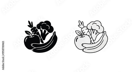 Black and white illustration of fruits and vegetables in stylized arrangements