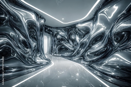 Chrome liquid walls breathing slowly like living surfaces, smart architecture concept
