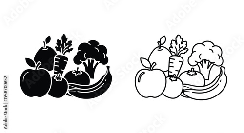 Black and white line art depicting an assortment of fresh fruits and vegetables