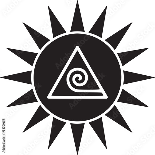 Black sun with triangle and spiral design in the center on a white background in simple illustration