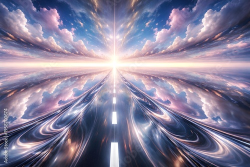 Liquid chrome road stretching infinitely into surreal mirrored horizon, journey concept