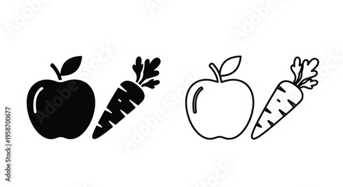 Simple black and white illustration of apples and carrots