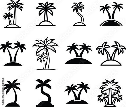set of black palm tree silhouettes on white background