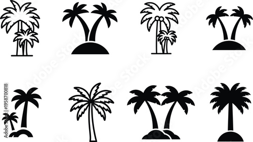 Various black palm tree silhouettes on white background