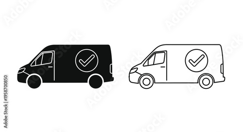 Black and white line drawing of delivery vans with checkmark logos