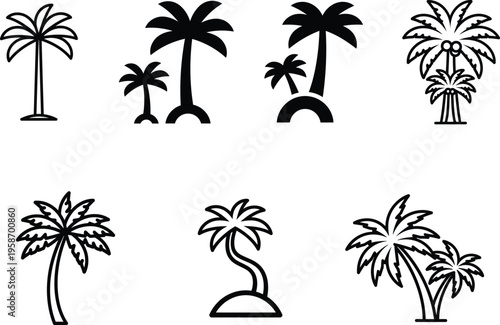 Various palm tree silhouettes in different shapes and sizes on white background
