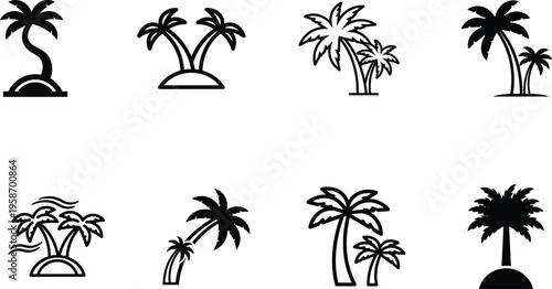 Various palm tree silhouettes on white background