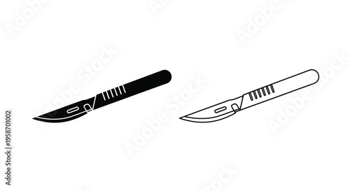 A black and white illustration of a scalpel shown in two perspectives