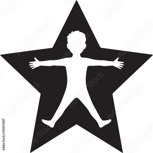Silhouette of a child with outstretched arms inside a black star on a white background design
