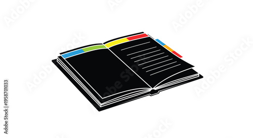 Open book with colorful page markers and blank lined pages