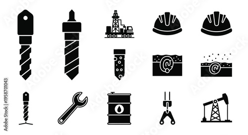 Black silhouettes depicting oil industry tools and equipment