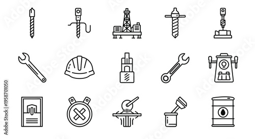 Industrial tools and equipment line icons for engineering and construction