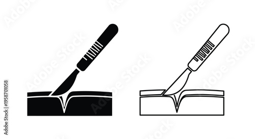 Scalpel illustrations depicting cutting or dissecting action in black and white