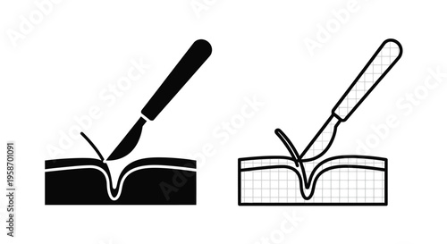 Scalpel cutting through material two perspectives of a slicing action