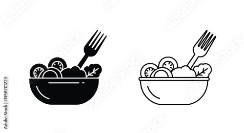 Two black and white depictions of a salad in a bowl with forks
