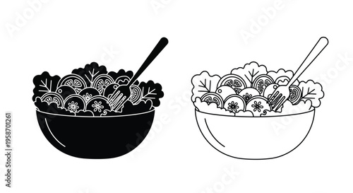 Two black and white illustrations of salad bowls with leafy greens and vegetables