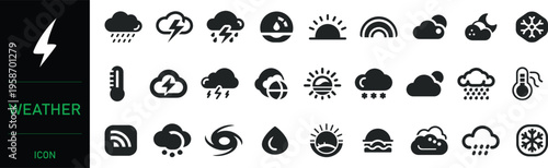 Vector silhouettes of trees and grass form a nature icon set featuring weather symbols like clouds, sun, and rain for meteorology forecast design elements