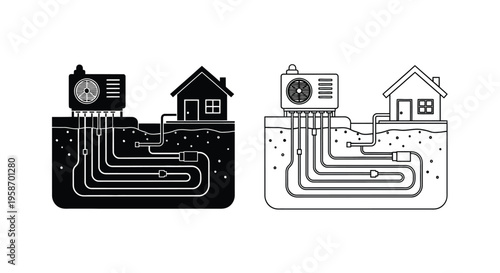 Geothermal heating and cooling systems illustrated with house and underground loops