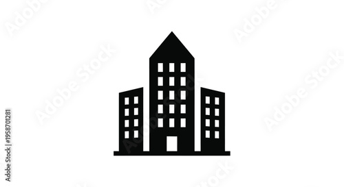 Simple black silhouette of a building complex with three towers