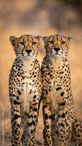 Two cheetahs sit side-by-side, staring at the viewer, with a grassy, out-of-focus background