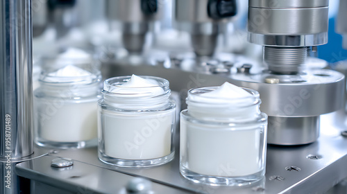 Wallpaper Mural Cosmetic jars with white cream on an automated production line. Industrial filling process of beauty products in a modern factory setting Torontodigital.ca