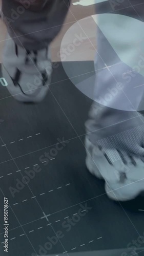 Vertical video: Right tap starting legs in white sneakers stepping on grid mat, HUD tracking pace