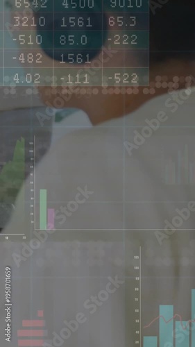 Vertical video: Teen speaking with headphones and animating bars, pie, grid charts for analytics