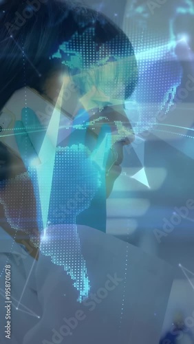 Vertical video: Lab tech touching ear as camera moving in, globe wrapping head, mapping data