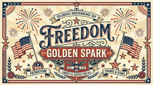 Celebratory Independence Day Poster with Patriotic Symbols and Firework Displays