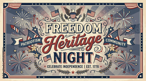 Celebratory patriotic evening banner emphasizing liberty and national pride through vibrant colors and iconic symbols for