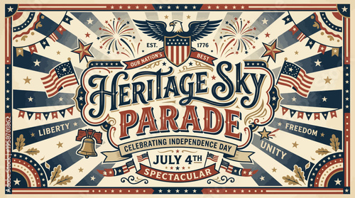 Patriotic Heritage Sky Parade Celebrating Independence Day with Flags and Fireworks