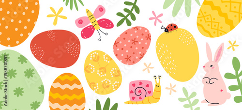 Easter colorful banner. Spring composition with eggs, bunny, snail, butterfly, flowers and leaves