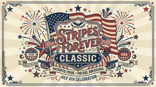 Vintage patriotic celebration banner featuring American flags and fireworks for July 4th festival