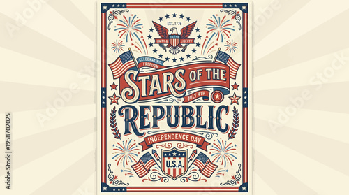 Patriotic Independence Day Celebration Poster with Stars and Fireworks for the USA